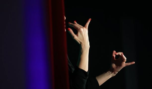 Seorang penerjemah bahasa isyarat men-dubbing pidato para pembicara di atas panggung. Foto Cédric Joubert