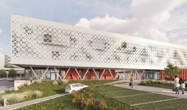 Pemandangan gedung Oxygène di masa depan, yang antara lain akan menampung unit gawat darurat baru di rumah sakit Mulhouse. Foto milik Chabanne Architecte