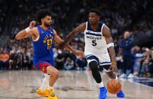 Edwards dan Randle membawa Timberwolves meraih kemenangan 119-114 atas Nuggets, menyamakan kedudukan menjadi 1 masing-masing.